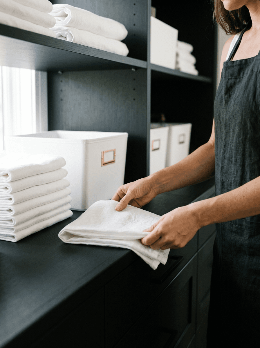 Folding fresh linens onto a charcoal shelf beside labelled white storage bins