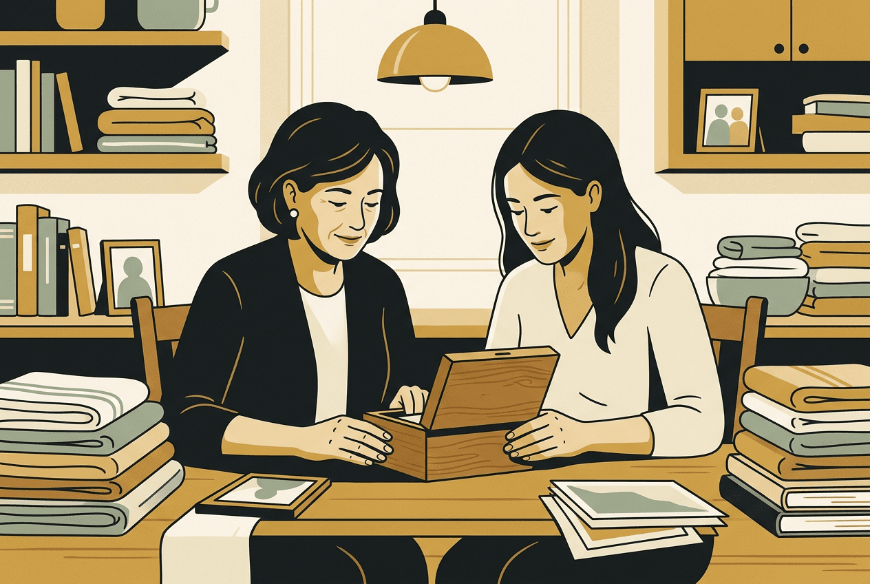 Illustration of two family members sitting together at a kitchen table looking into a small wooden keepsake box, with sorted linens and books around them