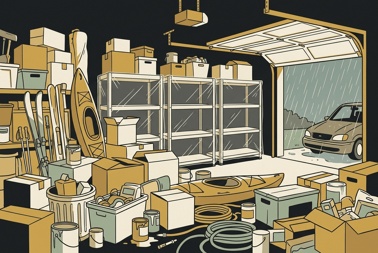 Illustration of a garage packed to the ceiling with bins and gear, brand new shelving still wrapped in plastic against the wall, and a car parked outside in the rain