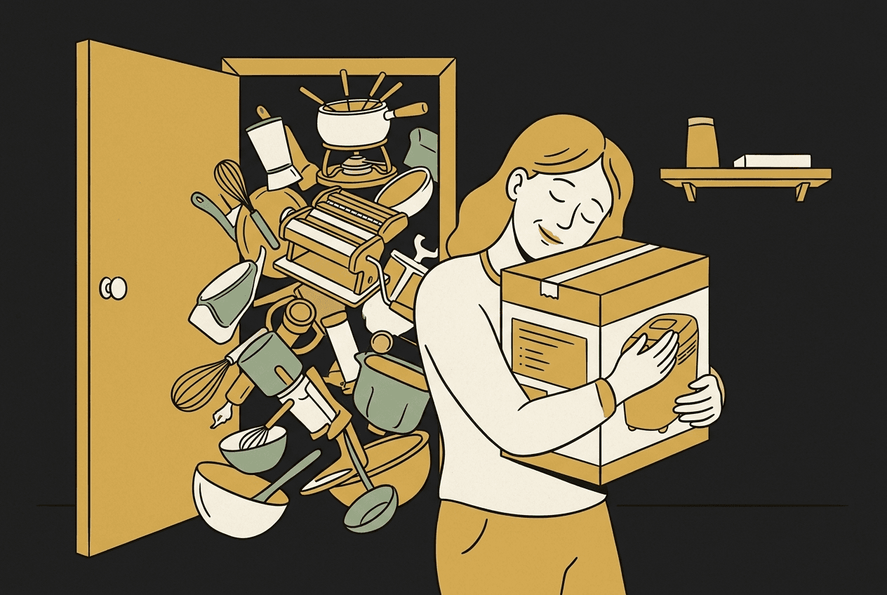 Illustration of a woman holding a boxed appliance close while a cupboard spills unused kitchen gadgets behind her