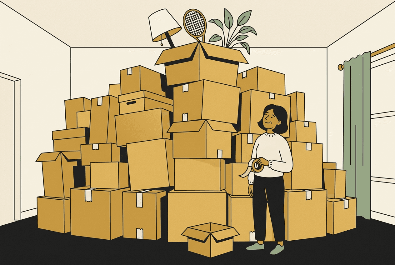 Illustration of a woman holding a roll of packing tape in front of a towering wall of moving boxes, with one small box still empty at her feet