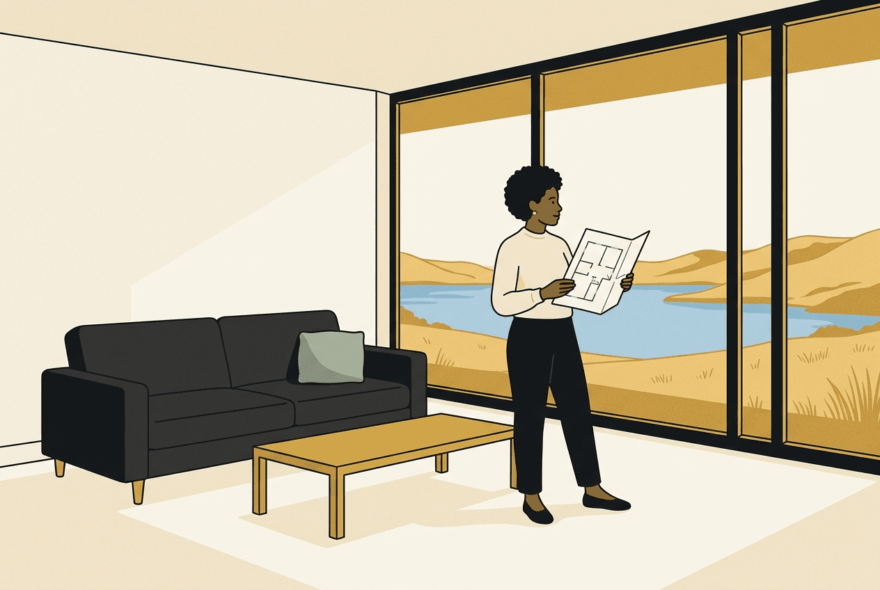Illustration of a woman holding a floor plan in a bright, nearly empty condo living room with a lake view