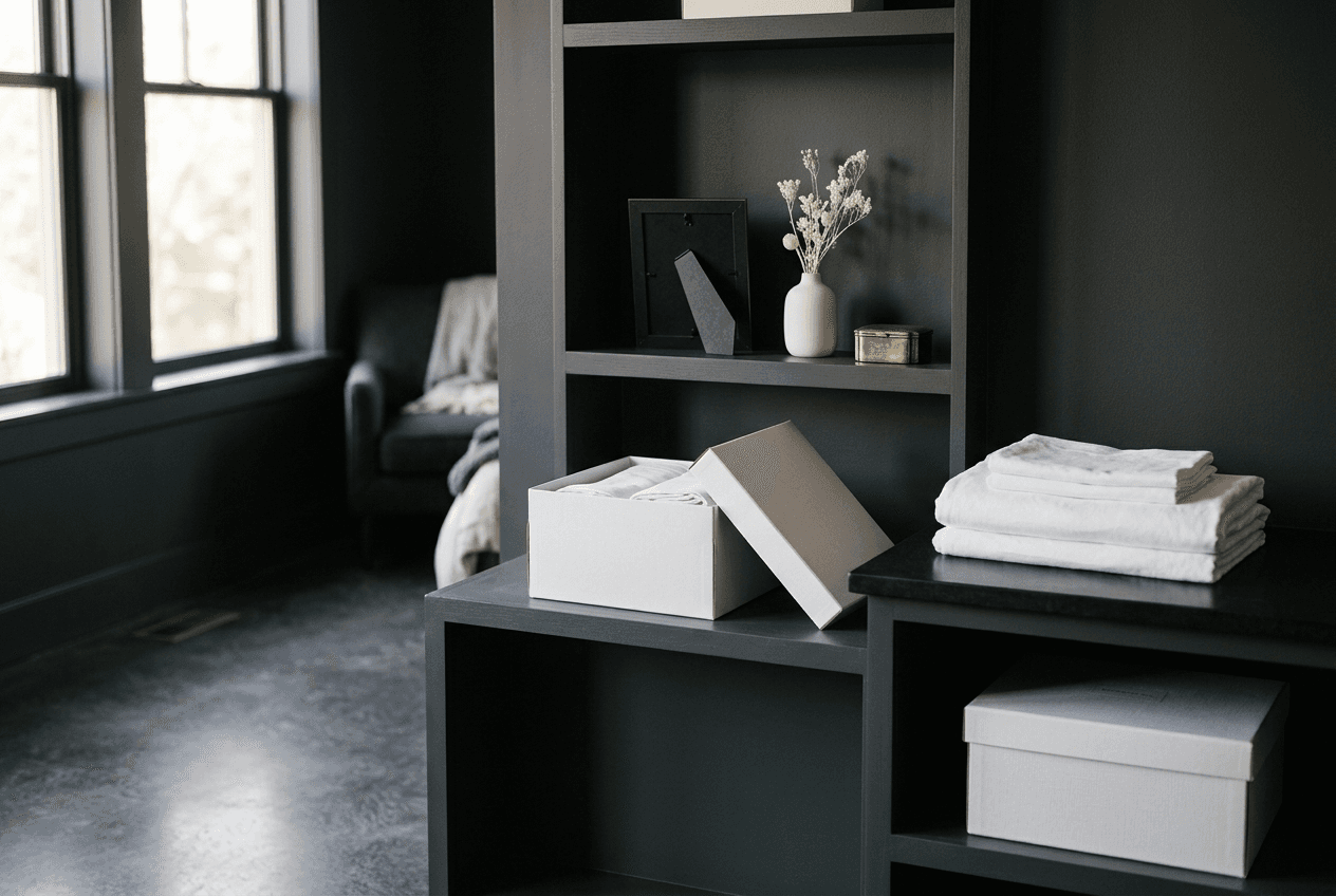 An open archival memory box beside neatly folded white linens