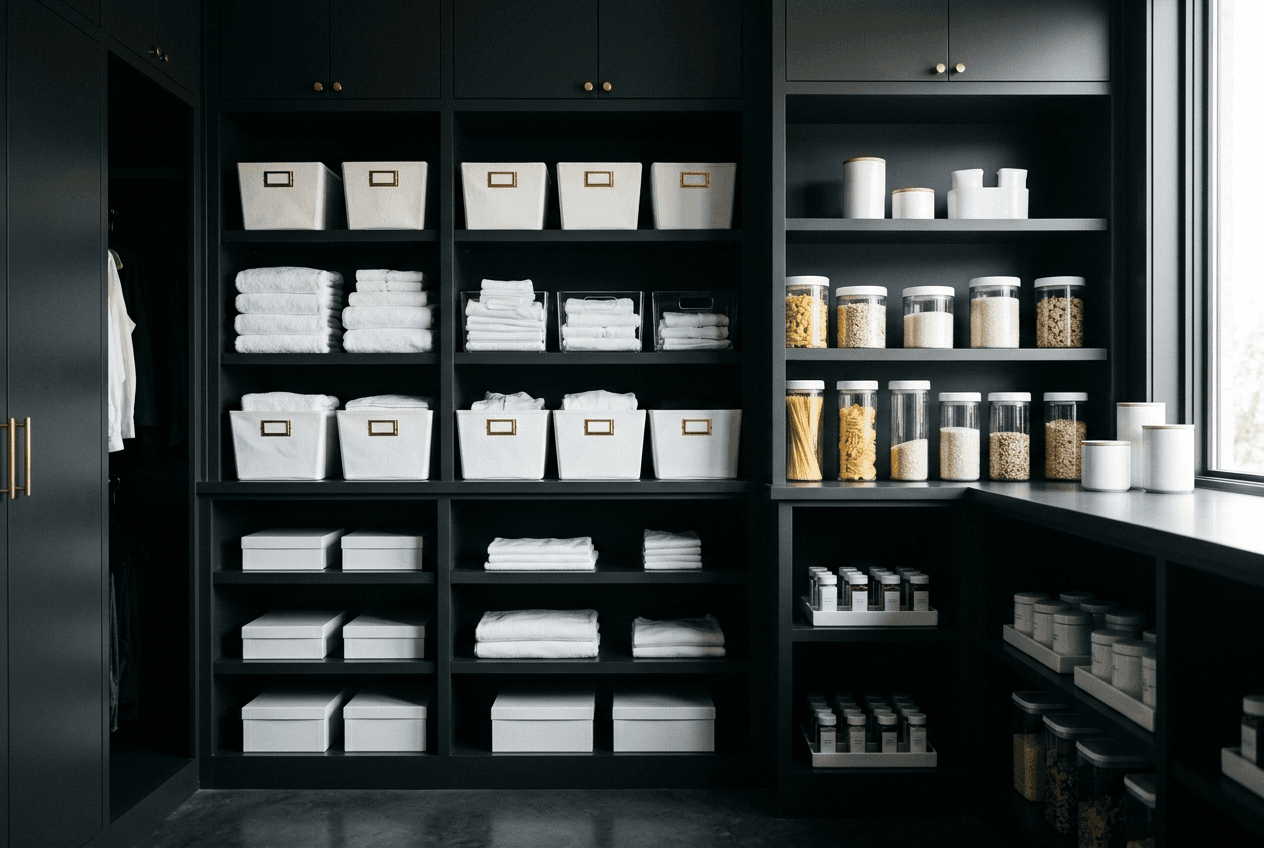 A charcoal pantry and closet with white labelled bins in neat rows